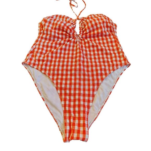 Wild Fable Red Gingham Halter Neck High Leg One Piece Swimsuit XL - Picture 9 of 16